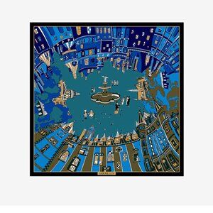 Women 100% Silk Twill Scarf – Blue Architectural Art Print 135 cm